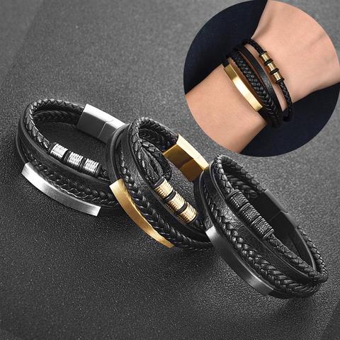 Pulsera de cuero tejida a mano para hombre, accesorio de combinación multicapa, de acero inoxidable, joyería para hombre al por mayor, nuevo estilo, 2022 ► Foto 1/6