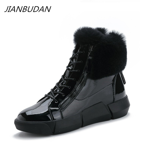 JIANBUDAN-Botines impermeables de charol para mujer, botas de nieve planas informales, de felpa, cálidos, con cremallera, de algodón, 35-40 ► Foto 1/6