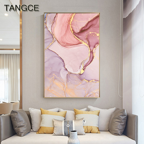 Cuadro en lienzo de estilo nórdico, lienzo en color morado y rosa con diseño moderno para el hogar y el dorado, imagen de pared para sala de estar, arte de pared escandinavo abstracto ► Foto 1/6