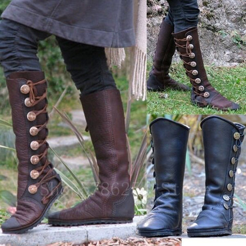 Botas medievales Retro de piel sintética con cremallera para hombre y mujer, zapatos de pirata vikingos, Retro, con botón, caballero, cazador, fiesta de carnaval, Cosplay, Steampunk ► Foto 1/6