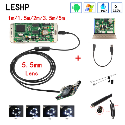 Cámara endoscópica de 5,5mm, endoscopio USB HD con 6 LED 1/1.5/2/3.5/5M, boroscopio de inspección impermeable con Cable suave para Android PC ► Foto 1/6