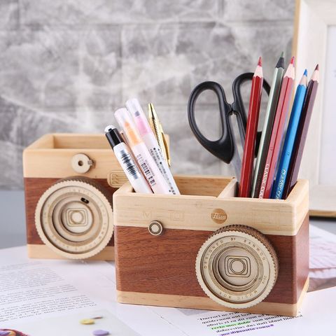 Porta lápices de madera con estampado de cámaras creativas, soporte de escritorio, caja de almacenamiento de artículos diversos, multiusos, envío directo ► Foto 1/6