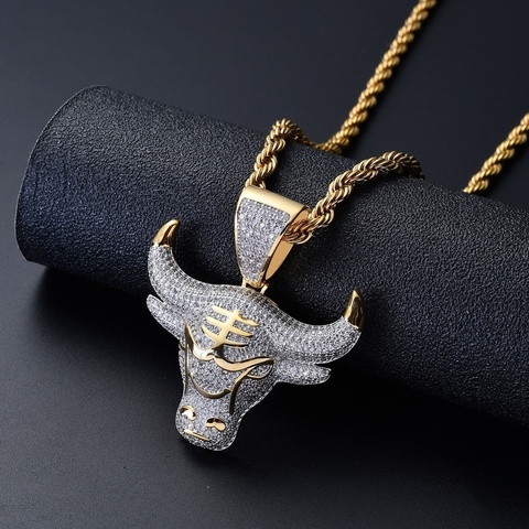 Collar de acero inoxidable dorado con diamantes de imitación para hombres, colgante de cabeza de toro, estilo Hip Hop ► Foto 1/6