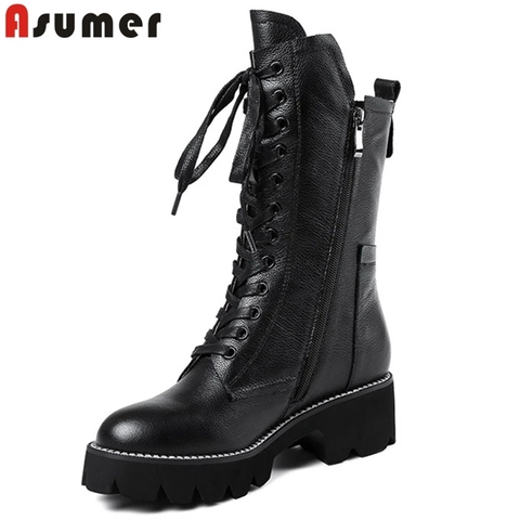 ASUMER negro moda Otoño Invierno botas mujeres zip Cruz atado medio pantorrilla botas de tacón cuadrado clásico señoras botas de cuero genuino ► Foto 1/6