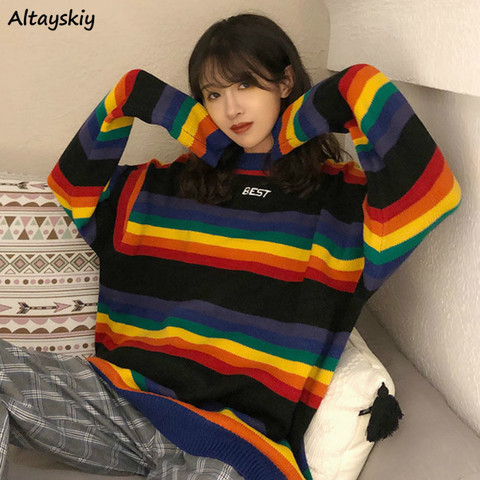 Pulóvers de invierno para mujer, suéter a rayas de arco iris con cuello redondo, Jersey de punto Ulzzang Chic, Jersey de punto para chica dulce ► Foto 1/6