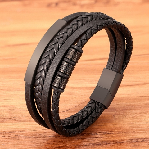 De acero inoxidable negro multicapas cuero genuino para hombres pulsera Cierre magnético botón Vintage Hombre trenza brazalete de joyería ► Foto 1/6