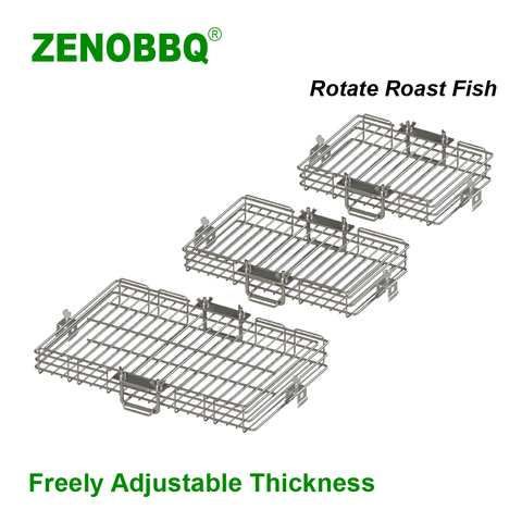 ZENOBBQ-pescado tostado giratorio de acero inoxidable, asador de barbacoa, pinchos, estante de carne de Camarón, ESPESOR AJUSTABLE libre para hornear ► Foto 1/6