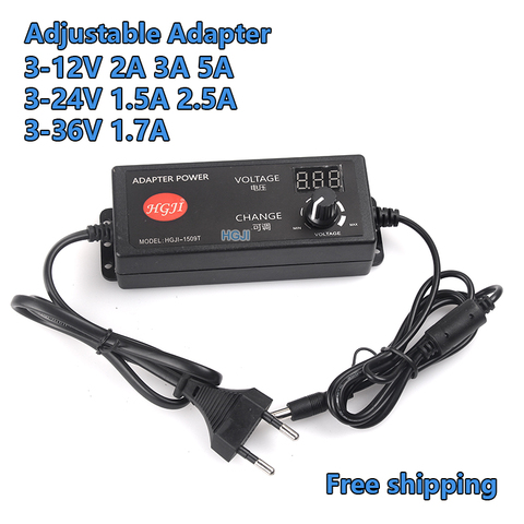 Adaptador ajustable con pantalla de visualización de voltaje, fuente de alimentación DC3.3V8V5A24V2.5A, enchufe de la UE y EE. UU., 5,5mm x 2,1mm/2,5mm, 3-12V24V36V ► Foto 1/6