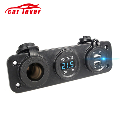 Voltímetro Digital para teléfono móvil, monitor + enchufe para encendedor de 12V y 24V, LED azul + cargador para coche, adaptador USB Dual para motocicleta ► Foto 1/6