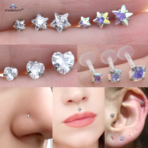 Uds cristal superior 3/4/5mm corazón estrella redonda helicoidal trago Piercing Oreja Piercing en la Nariz a Nariz anillo de labio de Labret arete de oro para Nariz regalo ► Foto 1/6