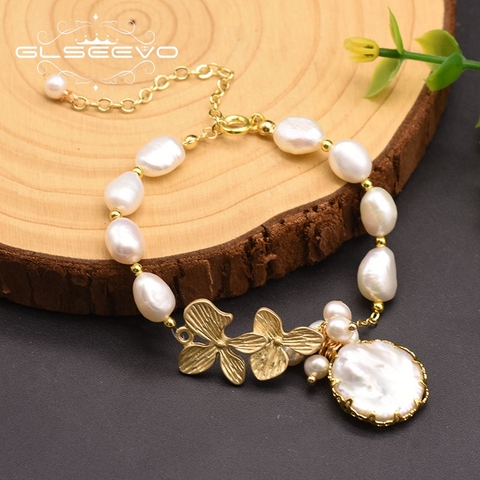 GLSEEVO-pulsera de perlas blancas de agua dulce 100% Natural para Mujer y niña, Brazalete de hojas de cumpleaños, joyería para Mujer GB0184 ► Foto 1/5