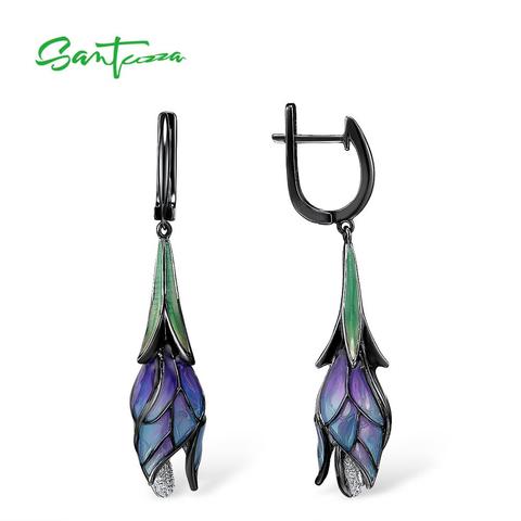 SANTUZZA-Pendientes colgantes de plata de primera ley flor para mujer, aretes, plata esterlina 925, esmalte color morado, hecho a mano ► Foto 1/6