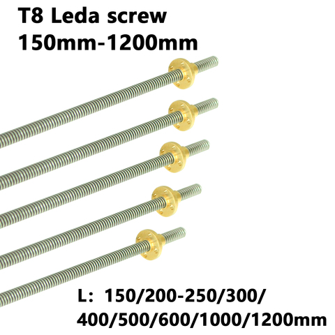 Husillo de plomo T8, varilla OD de 8mm de inclinación de 2mm de plomo 2mm 150 200 300 350 400 500 600 1000mm con tuerca de latón para impresora 3D CNC ► Foto 1/5