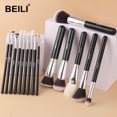 BEILI-Brochas profesionales de maquillaje, pelo sintético de cabra, negro, clásico, pinceles de maquillaje de base de polvo grande, juego de 15 uds. ► Foto 1/6