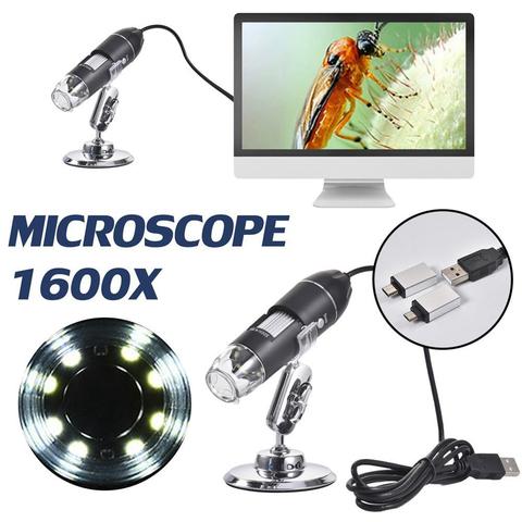 Zeast-Microscopio digital ajustable para móvil y ordenador, endoscopio para teléfono y computador, material de plástico con lente de 1600X 2MP 1080P 8 LED, tipo C/Micro USB, lupa, conexión electrónica USB ► Foto 1/6