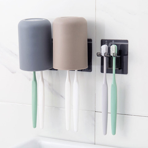 Soporte de cepillo de dientes con taza, organizador de baño de Color Simple, Adhesivo de pared, soporte de cepillo colgante ► Foto 1/6