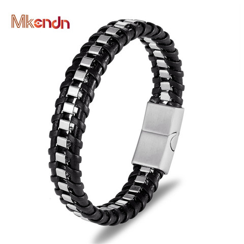 MKENDN-Cadena de bicicleta Punk para hombre, pulsera de cuero genuino trenzada multicapa, acero inoxidable y titanio ► Foto 1/6