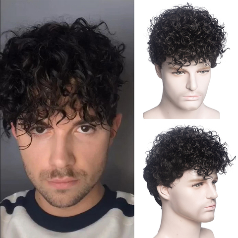 Peluca de cabello sintético para hombre, pelo corto rizado, resistente al calor, transpirable, para uso diario ► Foto 1/6