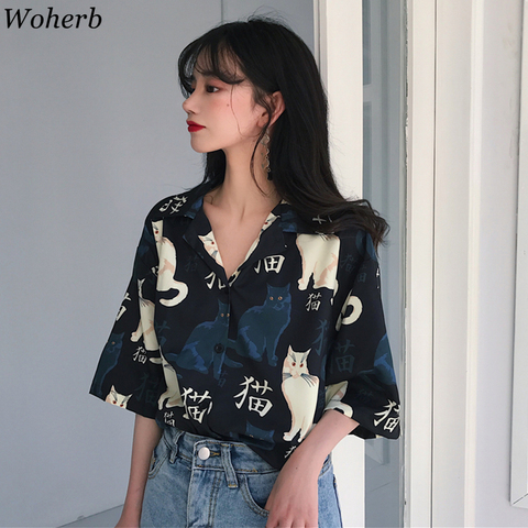 Woherb-Blusa holgada con estampado de gato para mujer, Top Harajuku, moda coreana, camisetas Kawaii, Blusas con estampado de gato de dibujos animados, 2022 ► Foto 1/6