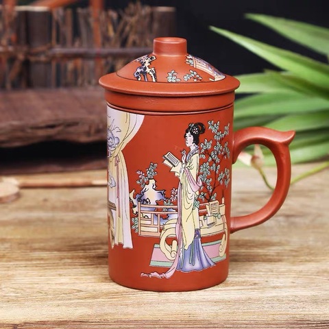 Yixing-taza de té de arcilla púrpura hecha a mano con dragón pintado a mano, con tapa e Infusor de oficina, taza para agua de cerámica ► Foto 1/6