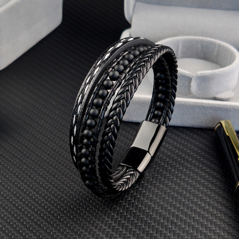 MingAo-pulsera de acero inoxidable con cuentas para hombre, brazalete con nombre personalizado, pulsera de capas múltiples, cierre magnético de cuero trenzado, joyería ► Foto 1/6