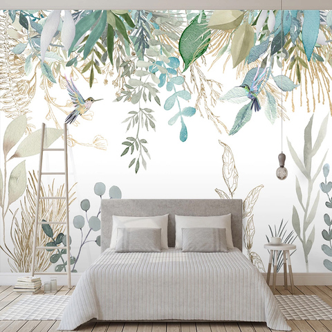 Papel tapiz fotográfico pintado a mano, mural de plantas tropicales, hojas, flores y pájaros, impermeable, para murales en sala de estar o dormitorio, estilo moderno ► Foto 1/6