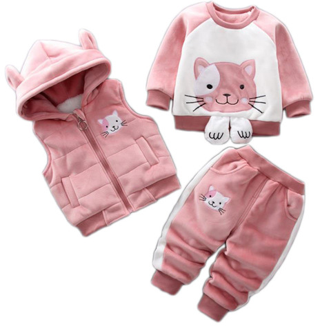 Conjunto cálido de invierno para bebés, chaleco grueso con capucha de gato de dibujos animados, suéter y pantalón, trajes deportivos de tres piezas ► Foto 1/6