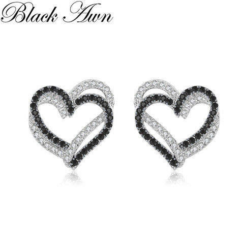 Pendientes de plata de primera ley con forma de corazón para mujer, aretes pequeños, plata esterlina 925, estilo romántico, color negro, I155 ► Foto 1/6