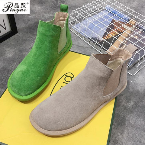 Zapatos Retro de piel de cuero vacuno para mujer, botines informales de tacón plano mate, estilo Chelsea, color caramelo ► Foto 1/6