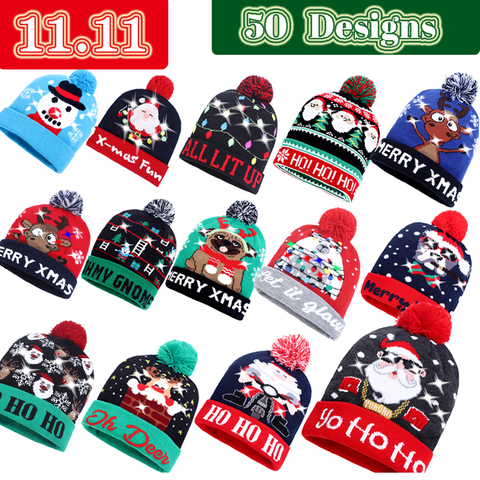 2022 nuevos 50 diseños LED sombreros de Navidad Beanie de Año Nuevo de punto iluminar caliente sombrero de Navidad árbol muñeco de nieve niños sombrero de adultos ► Foto 1/6