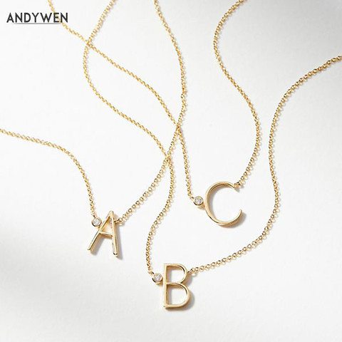 ANDYWEN-Cadena con colgante de inicial de plata de ley 925, collar con colgante de letra monograma con piedra, en color dorado, para mujeres ► Foto 1/6