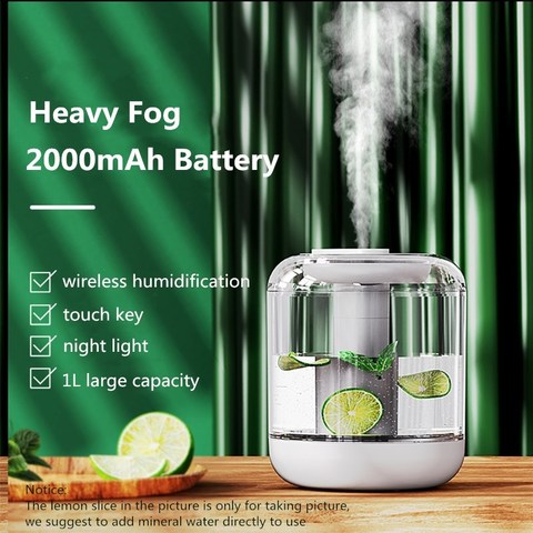 Humidificador de aire portátil de gran capacidad, difusor de aceites esenciales de 1000mL, recargable, batería de 2000mAh, con lámpara cálida para el hogar ► Foto 1/6