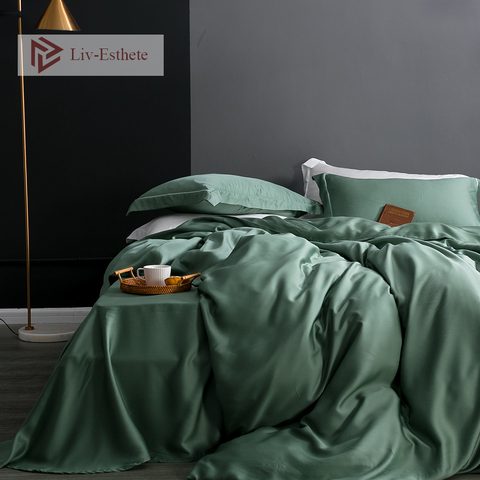 Juego de ropa de cama de seda Noble Dark Green100 % para adultos, edredón de sábana plana, juego de ropa de cama de Reina ► Foto 1/1