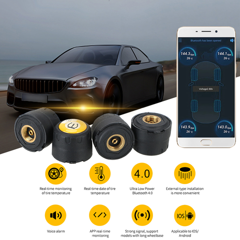 Sensor de Presión de neumático de coche Bluetooth 4,0 5,0, Sensor de presión de neumáticos con alarma externa BLE TPMS, Android iOS Universal ► Foto 1/1