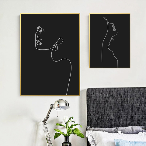 Pintura abstracta de cara de mujer, dibujo de una línea, póster moderno, lienzo, impresión en blanco y negro, imágenes artísticas de pared minimalistas, decoración del hogar ► Foto 1/6