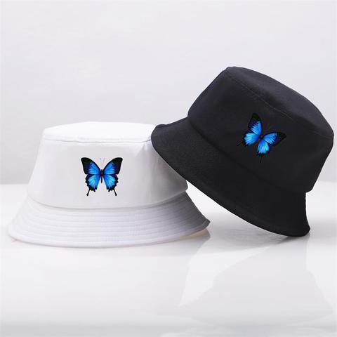 Sombreros de pescador Harajuku de mariposa azul, sombrero de pescador con protector solar, informal, para playa, exteriores, Unisex, de algodón, plegables, panamá ► Foto 1/6