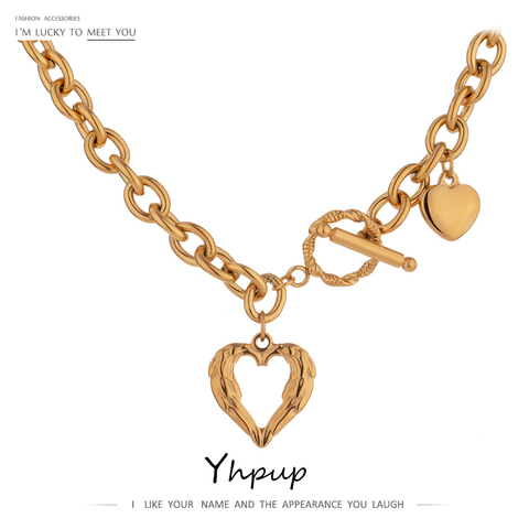 Yhpup-Collares de corazón de acero inoxidable para mujer, Collar de cadena geométrico con textura de Metal, regalo de aniversario ► Foto 1/6