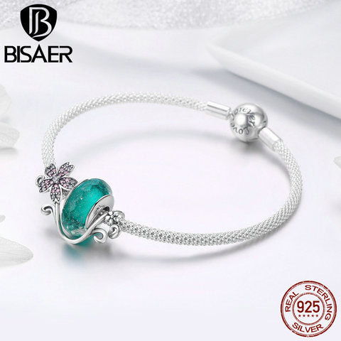 BISAER-Pulseras simples de Plata de Ley 925 con cuentas de cristal europeas, brazaletes de flores de cereza, joyería de plata 925, ECB822 ► Foto 1/6