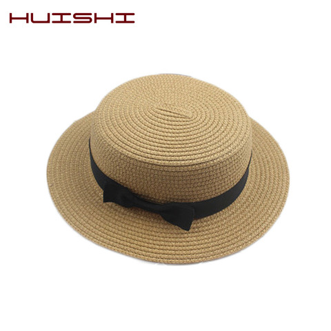 HUISHI-sombrero de paja con lazo de colores, gorra de playa para padres e hijos, visera plana, sombrero de paja panamá para mujer y Niña ► Foto 1/6