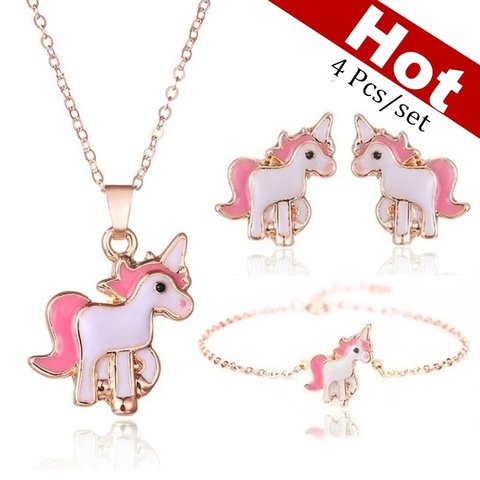 Conjunto de pendientes y collar 4 en 1 para niñas, collar con unicornio de dibujos animados, joyería rosa, joyas de Navidad ► Foto 1/6