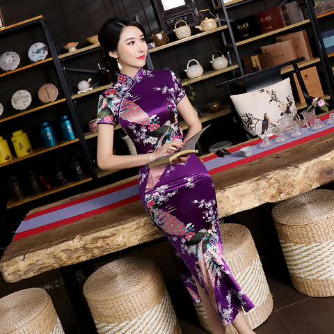 Sexy vestido Casual de verano de satén de color púrpura para mujer nuevo Qipao estampado flor chino Cheongsam talla S M L XL XXL 3XL 0162 ► Foto 1/5