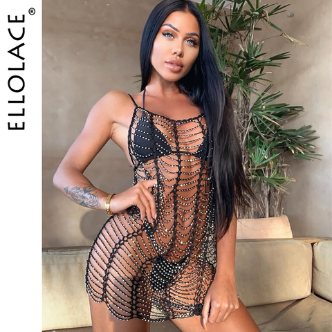 Ellolace-Vestido corto de Crochet ahuecado para mujer, traje de baño Sexy de Crochet para playa y piscina, Tops de una pieza ahuecados ► Foto 1/6