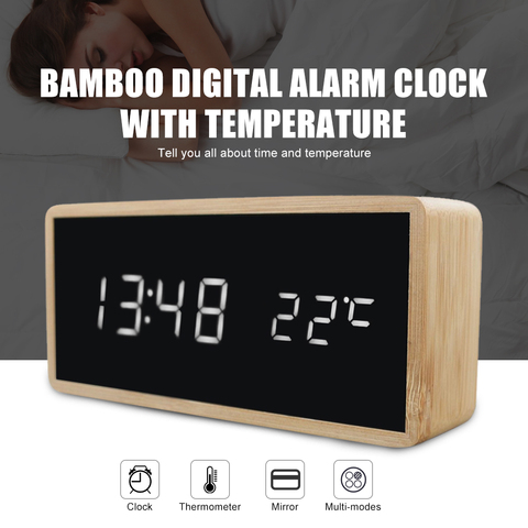 Reloj despertador de madera de bambú Original, pantalla LED con espejo Digital de temperatura, reloj de mesa Digital de escritorio ► Foto 1/6