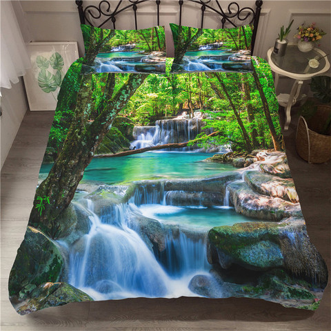 Juego de ropa de cama con estampado 3D de paisaje Natural, edredón con funda de almohada con estampado de cascada y paisaje de bosque ► Foto 1/6