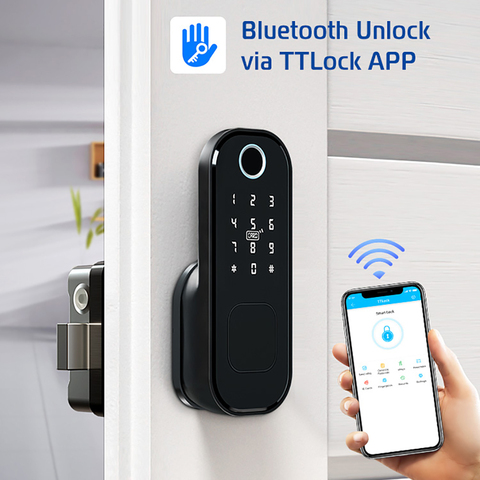 WIFI Smart Rim Lock Fácil de instalar Aplicación de contraseña de huella digital Llave mecánica para desbloquear Admite Alexa Google para la seguridad de la cerradura de puerta ► Foto 1/1