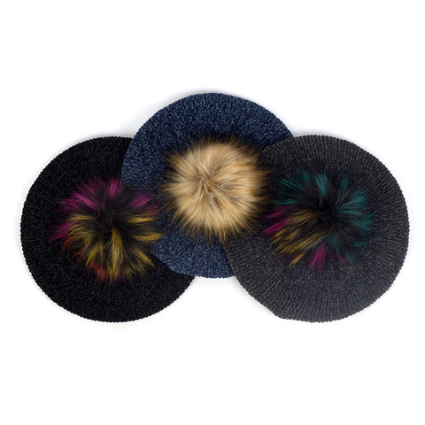 Boina de punto con pompón de piel sintética para mujer, gorros cálidos de moda para invierno, sombrero para niña, gorros lisos, boina ► Foto 1/6