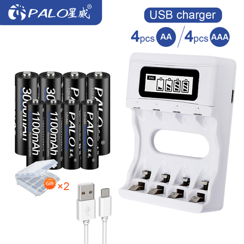 PALO LCD de pantalla inteligente USB cargador de batería de Ni-Cd, Ni-MH AA baterías recargables AAA + 4 piezas AA baterías + 4 piezas baterías AAA ► Foto 1/6