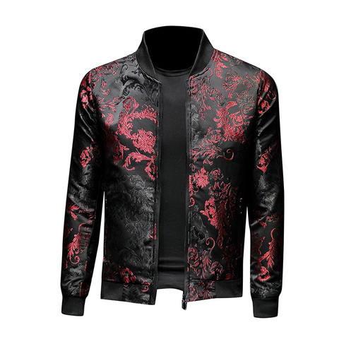 Chaquetas de moda para hombre con flores bordadas, elegante chaqueta de bombardero para hombre con cremallera, abrigo de bolsillo, chaqueta ajustada para hombre ► Foto 1/6