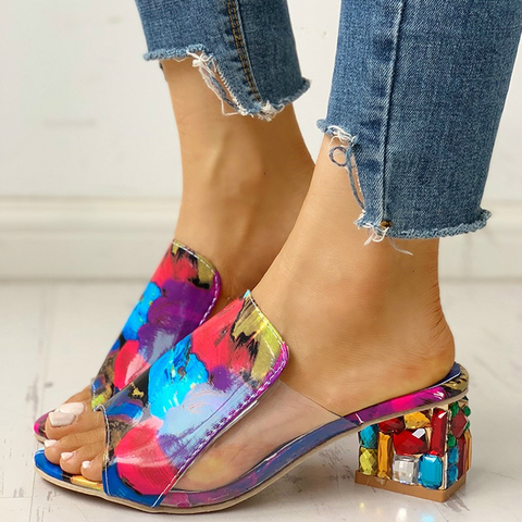 Zapatillas con punta abierta De cristal para Mujer, zapatos informales bohemios con estampado De cristal, Sandalias De plataforma, De verano ► Foto 1/6