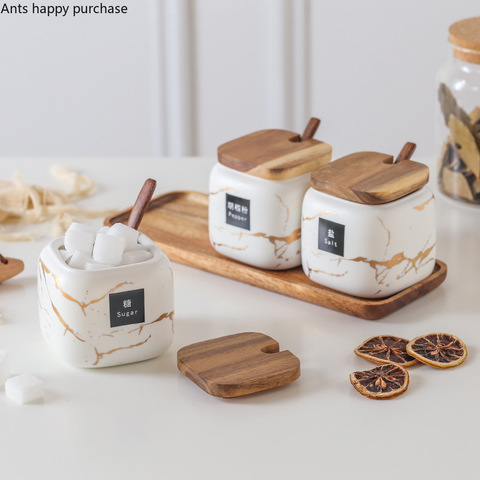 Nórdicos cerámica creativa mármol dorado condimento tanque conjunto de Casa de sal de cocina shaker organización almacenamiento contenedor de alimentos ► Foto 1/6